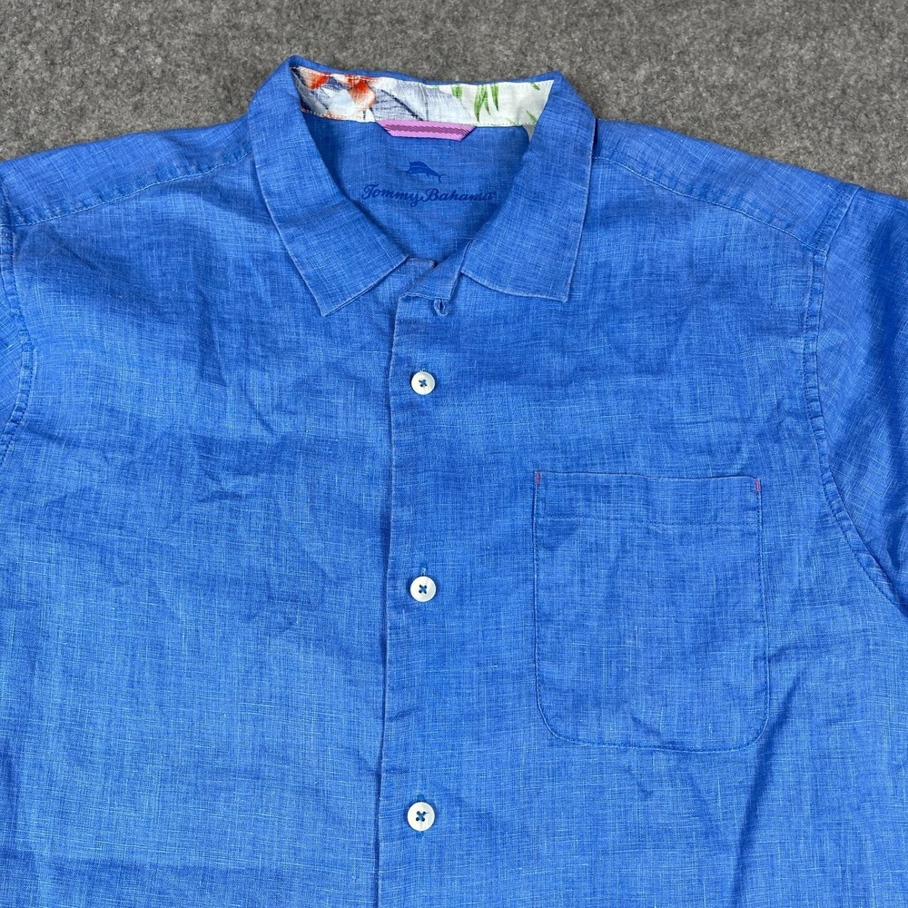 Tommy Bahama  Shirt Men Large Blue Linen Button Up Pocket Marlin Camp Coastal